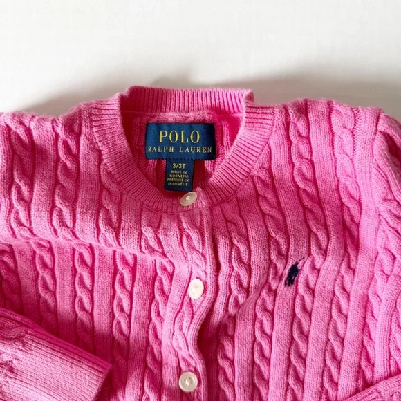 Polo Ralph Lauren Cable Knit Cotton Button Cardigan Pink Girls 3T - Picture 4 of 7